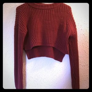 Maroon high low crop cable knit sweater